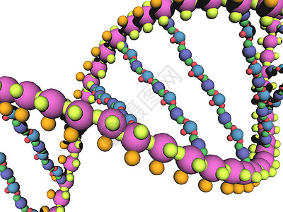 DNA基因材料的DNA链条被扭曲成双螺旋遗传学轮流结构蓝色红色原子遗传导体物质黄色背景图片