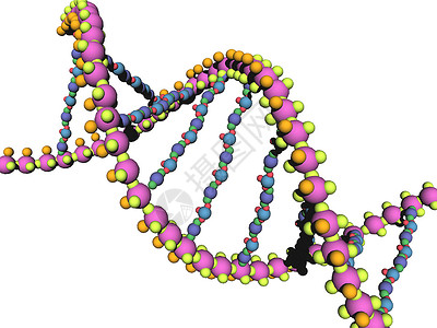 DNA基因材料的DNA链条被扭曲成双螺旋黄色物质红色遗传原子结构导体轮流蓝色遗传学背景图片