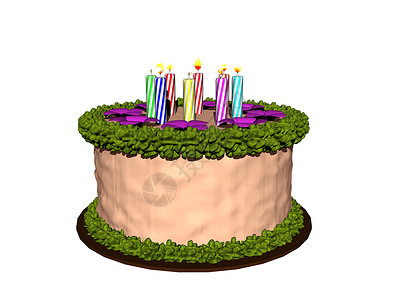 带蜡烛的彩色生日蛋糕火焰糖果绿色棕色紫色奶油烧伤甜点背景图片