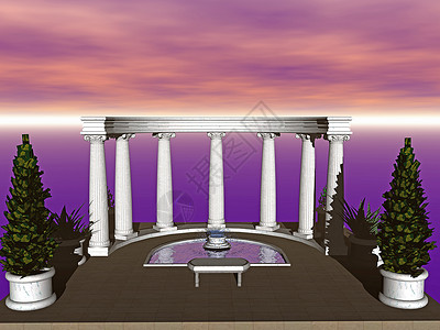 带柱子和池子的希腊寺庙娱乐建筑喷泉绿色植物福利波纹白色公园门廊池塘背景图片