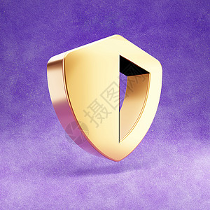 盾牌图标 紫色天鹅绒背景上孤立的金色光泽盾牌符号背景图片