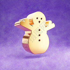 雪人图标 紫色天鹅绒背景上孤立的金色光泽雪人符号背景图片