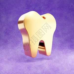 牙齿图标 紫色天鹅绒背景上孤立的金色光泽牙齿符号背景图片