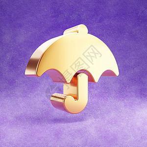 雨伞图标 紫色天鹅绒背景上孤立的金色光泽雨伞符号背景图片