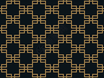 带有线条的抽象几何图案 无缝矢量背景 蓝黑色和金色纹理几何学金子织物网格六面体多边形对角线包装装饰品条纹背景图片
