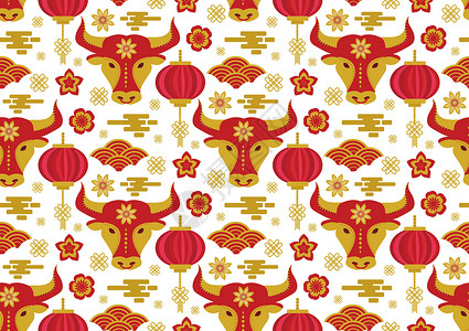 灯笼饰品中国新年无缝模式 牛年 2021 重复纹理背景 它制作图案矢量墙纸风格红色灯笼装饰文化新年庆典装饰品包装纸插画
