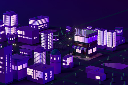 储存11 11广告牌 购物日模拟城市 3D投影大都市市中心卡通片折扣景观销售城市建筑紫色插图背景