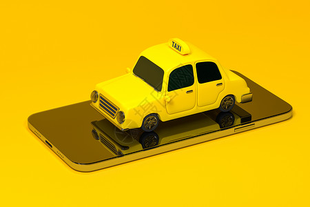 黄色卡通电话Mini 3D出租车 有手机的迷你车 3D牵引服务车辆轿车屏幕送货驾驶司机创造力旅行交通背景