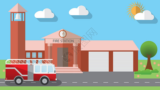 以平板设计风格显示消防站大楼的简单设计矢量图示 矢量图示城市技术情况消防栓卡通片玻璃插图服务油船消防车设计图片