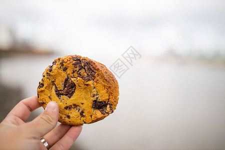 巧克力王国手握着巧克力薯片饼干和布蓝利灰河作为背景城市阳光旅行小吃全景摩天大楼风景脆片码头建筑学背景