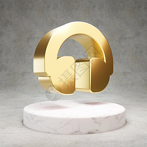 耳机图标 白色大理石讲台上闪亮的金色耳机符号插图光泽度标识社会金属金子反射背景图片