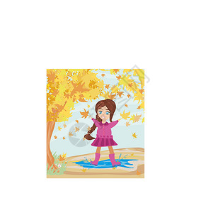 秋天的乐趣木头飞溅树叶季节橡胶水坑孩子女孩插图笑声高清图片