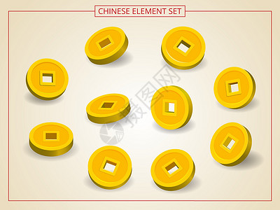 各个角度金币中国金币 以纸切风格的几种角度呈现中国金币 Fita插画