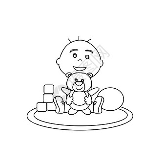 男孩宝宝抱抱熊卡通片艺术涂鸦孩子玩具草图木偶手绘插图染色插画
