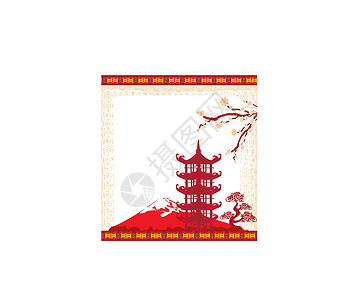 与中国寺庙的优美搭配樱花框架建筑横幅海浪日落文化天空植物花瓣背景图片