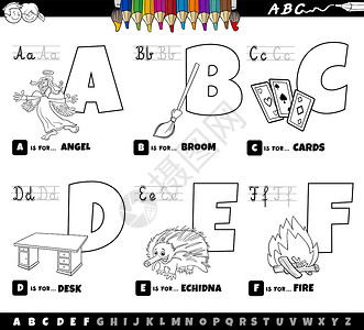 从A到F的教化卡通字母缩写 调色波字体染色针鼹拼写扫帚工作孩子们卡通片收藏幼儿园背景图片