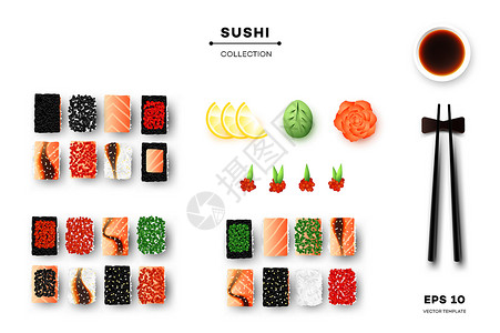 不同的寿司和酱汁的集合 促销模板 顶视图矢量食品设计背景图片