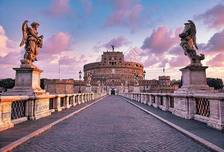 圣安吉洛圣天使城堡在意大利罗马罗马的Castel SantAngelo 在日出时无人居住的历史纪念碑蓝色古董风格景观大理石古物地标柱子历背景