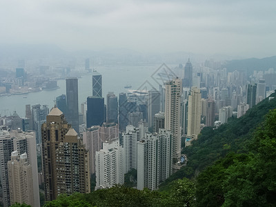 香港的摩天大楼 城市横扫整个城市一团烟雾场景积木薄雾天际黎明地标阴霾景观阳光港口背景图片