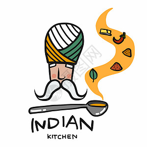 清真印度厨房标志与汤匙与许多香料气味卡通矢量图案设计图片