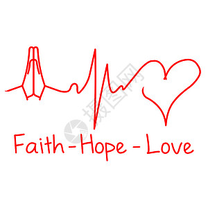 信仰和希望与爱心电图脉冲绘画红色标签背景图片