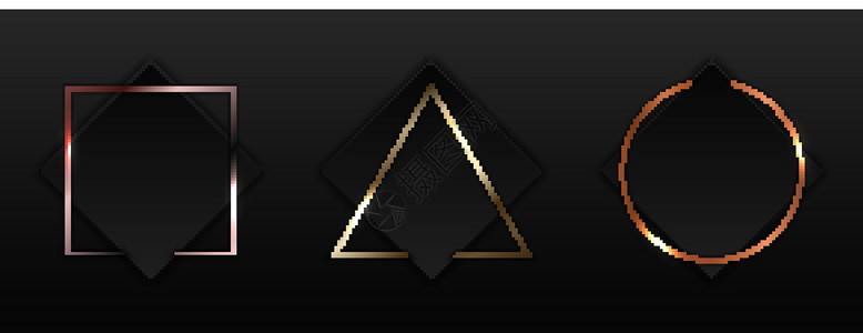 金属边框素材一组黑色正方形 带有几何边框金 粉红金 铜金属框徽章 采用深色背景奢华风格插画