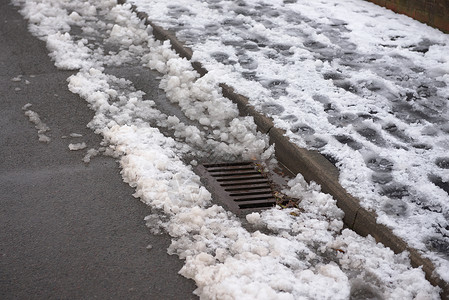 12 - 在路边被融雪包围的公路地表排水高清图片