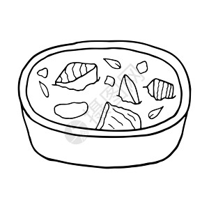 砂锅笋干鸡矢量手绘涂鸦咖喱 印度菜菜 菜单咖啡馆标签和包装的设计草图元素 白色背景上的插图插画