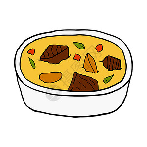 砂锅笋干鸡矢量手绘涂鸦咖喱 印度菜菜 菜单咖啡馆标签和包装的设计草图元素 白色背景上的彩色插图插画