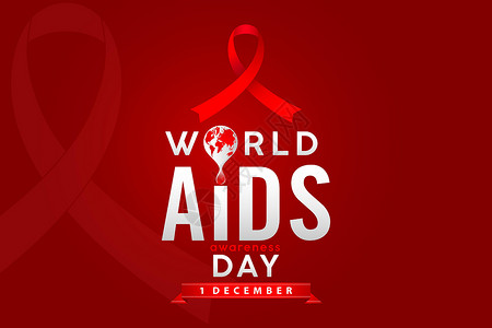 1到6个月红色背景的世界艾滋病日标志  HIV 世界艾滋病日意识 12 月 1 日插图与红丝带海报传单横幅红丝带和红色背景地球血滴文本效果插画