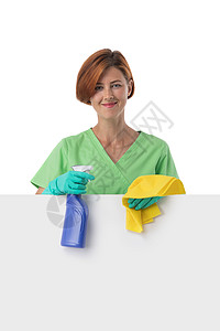 空白横幅的清洁女工标语家庭女孩瓶子打扫工作成人快乐房子卡片背景图片