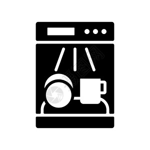 电动尾门洗碗机矢量字形图标 电动厨具清洁工用具家庭洗碗房子垫圈餐具插图厨房机器插画