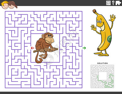有趣的猴子和香蕉迷宫教育游戏背景图片