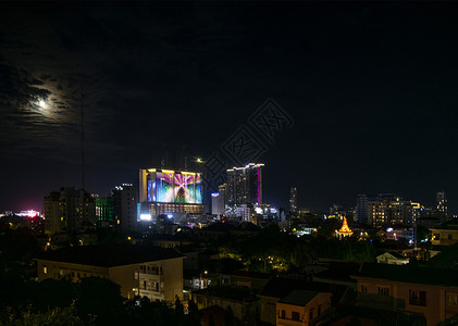 中央市中心phnom pinh城市天线夜景 坎波迪亚天际摩天大楼世界高视野娜迦景观城市风景建筑物背景图片