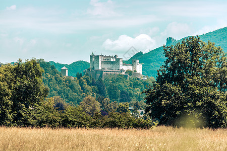 堡 奥地利美丽的中世纪城堡 旅游景点太阳城市阳光蓝天建造建筑全景堡垒牧歌秀场背景图片