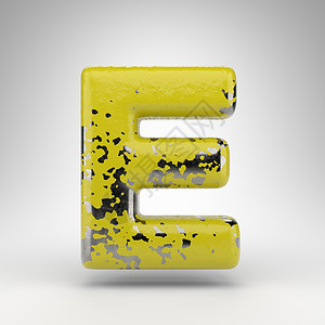 白色背景上的大写字母 E 光泽金属质感上带有旧黄色油漆的 3D 字母背景图片
