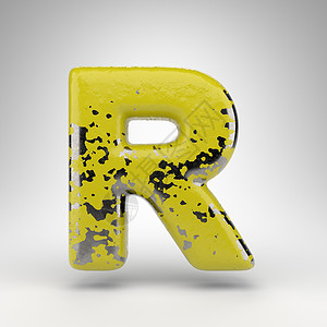 白色背景上的大写字母 R 光泽金属质感上带有旧黄色油漆的 3D 字母背景图片