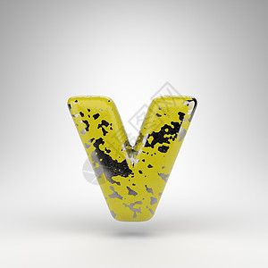 白色背景上的字母 V 小写 光泽金属质感上带有旧黄色油漆的 3D 字母背景图片