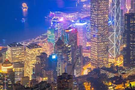 香港市中心著名的香港天际线城市景观在黄昏时分从香港维多利亚峰看建筑港口摩天大楼经济商业场景首都建筑学顶峰日落电影高清图片素材