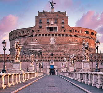 圣安吉洛圣天使城堡在意大利罗马罗马的Castel SantAngelo 在日出时无人居住的历史纪念碑装饰景观天空古物古董历史性蓝色柱子城背景