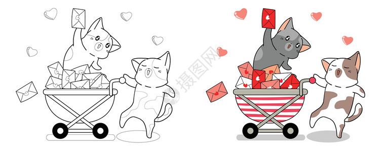 邮差猫和情书卡通漫画很容易彩色页面涂鸦黑与白猫咪填色本宠物禅绕艺术小猫成人彩页插画