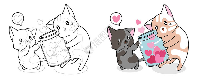 猫很容易得到心卡通着色页禅绕成人绘画涂鸦填色本彩页婴儿小猫染色动物插画