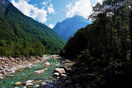 河床跑道流经美丽风景的绿松石Verzasca河背景