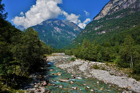 河床跑道特契诺州Verzasca山谷的典型景象背景