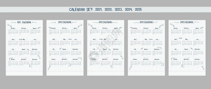 日历集 2021 2022 2023 2024 2025 手绘字体类型文本和元素学校笔记样式方格笔记本表与线条箭头和框架背景图片