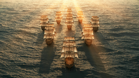旧船舰队风帆航程海洋巡航帆船赛航行护卫舰日落旅行海盗背景图片