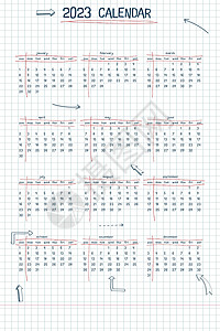 2023 日历周计划表和待办事项列表 手绘字体类型文本和元素学校笔记样式方格笔记本表与线条箭头和框架背景图片