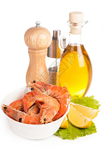 美味的新鲜煮熟虾 准备吃香菜饮食贝类营养盘子起动机沙拉柠檬甲壳动物背景图片