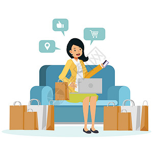 女性信用卡购物矢量图的平面卡通人物女人坐在沙发上享受在线购物 女人拿着信用卡在沙发上 周围是购物袋插画