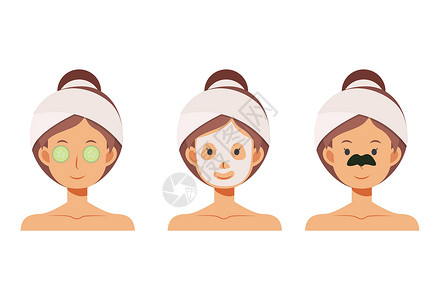 眼周皱纹带面罩鼻贴黄瓜眼贴护肤品的女性平面卡通矢量图解设计图片